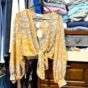 Saints and Hearts shear western/ geometric pattern top with billowy sleeves